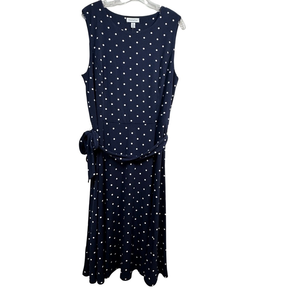 Charter Club Navy Blue White Polka Dot Sleeveless Midi Belted Dress XL